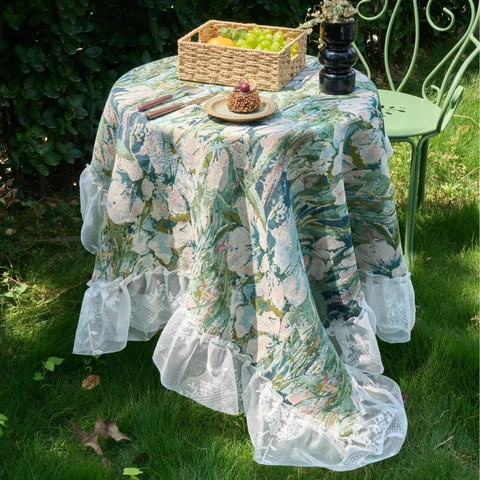 Mantel de Jacquard Pastoral de Mezcla de Poliéster y Algodón Con Borde de Encaje Estampado Floral Retro Francés Antipolvo