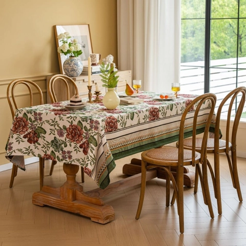 Retro Rose Floral Jacquard Tablecloth Rectangular Poly-Cotton Dust-proof Decorative Table Cover For Dining Room Home