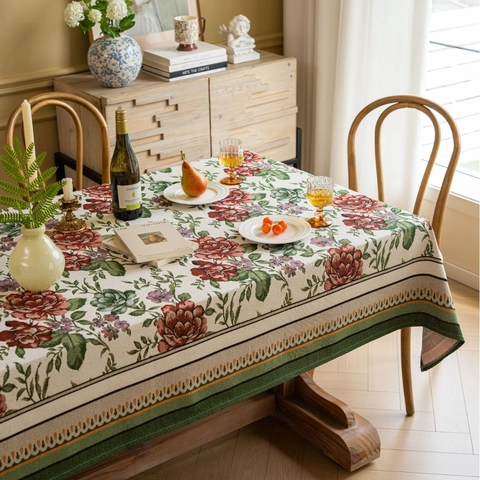 Retro Rose Floral Jacquard Tablecloth Rectangular Poly-Cotton Dust-proof Decorative Table Cover For Dining Room Home