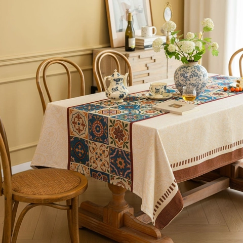 Nappe Jacquard Carreaux Marocains Bohème Rectangulaire Tissu Mélange Coton Housse Table Imprimé Fleuri Vintage pour Cuisine Salle à Manger