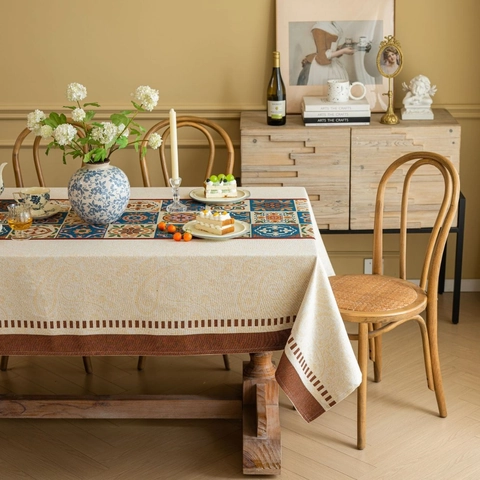 Nappe Jacquard Carreaux Marocains Bohème Rectangulaire Tissu Mélange Coton Housse Table Imprimé Fleuri Vintage pour Cuisine Salle à Manger