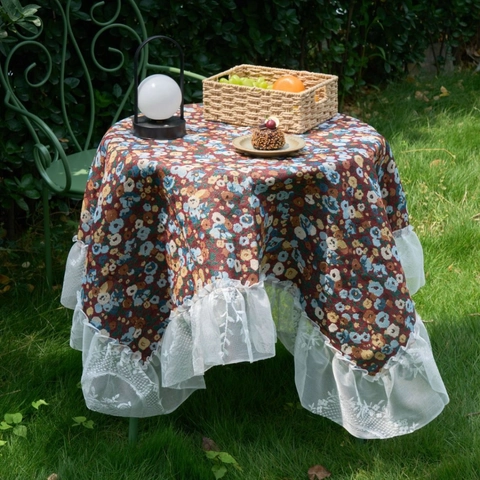 Vintage Jacquard Bloemen Tafelkleed Met Kant Ruffle Rand Polyester Katoen Mix Decoratieve Stofdicht Tafelkleed Voor Bruiloft Huis