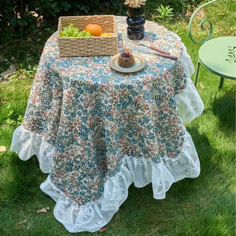 Franse Vintage Jacquard Tafelkleed Pastorale Bloemen Rechthoekig Met Kant Ruffles Voor Eettafel Salontafel Woondecoratie