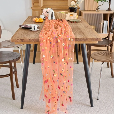 Pastoraler Bestickt Spitze Tischläufer Bunte Blume Netz Gaze Tischdecke Für Esszimmer Heim Dekoration Retro Party Dekor