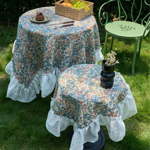 Franse Vintage Jacquard Tafelkleed Pastorale Bloemen Rechthoekig Met Kant Ruffles Voor Eettafel Salontafel Woondecoratie
