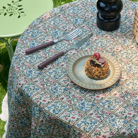 Vintage Amerikaanse Pastorale Jacquard Tafelkleed Met Witte Kant Ruches Bloemmotief Wasbaar Tafelzeil Voor Eetkamer Decor
