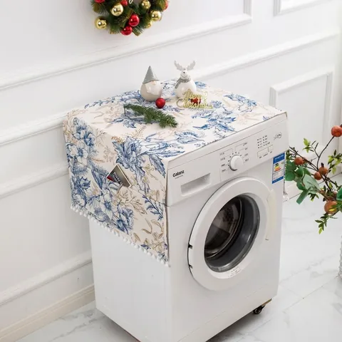 Poly-Cotton Washing Machine Cover Fridge Dust Cover With Side Storage Pockets Pom-Pom Fringe Floral Geometric Pattern Home Decor