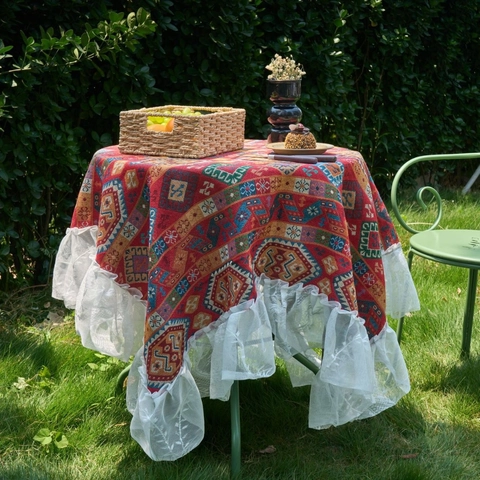 Vintage Bohemian Jacquard Tischdecke Mit Spitzenvolant Polyester-Baumwoll-Mischung Dekorative Staubdichte Abdeckung Für Esstisch