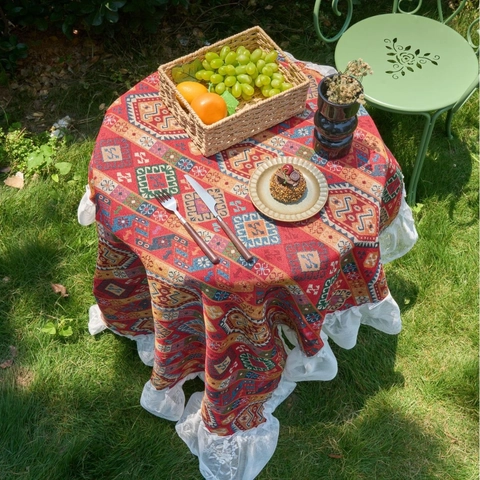 Vintage Bohemian Jacquard Tischdecke Mit Spitzenvolant Polyester-Baumwoll-Mischung Dekorative Staubdichte Abdeckung Für Esstisch