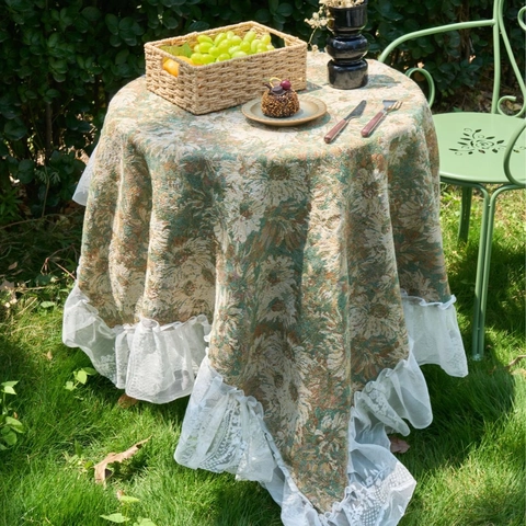 Nappe Jacquard Style Peinture à l'Huile Française Bordure à Volants en Dentelle Blanche Mélange Polyester Coton Motif Floral