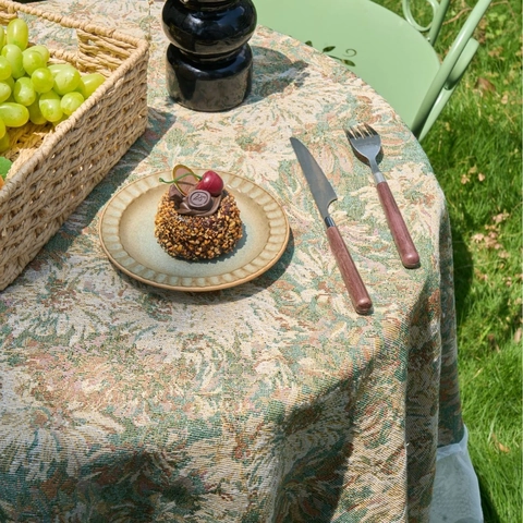 Nappe Jacquard Style Peinture à l'Huile Française Bordure à Volants en Dentelle Blanche Mélange Polyester Coton Motif Floral