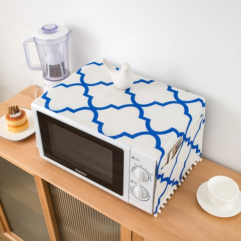 Copertura per Microonde in Stile Coreano Misto Cotone Lino Con Tasche Laterali Frangia Pompon Protezione Forno