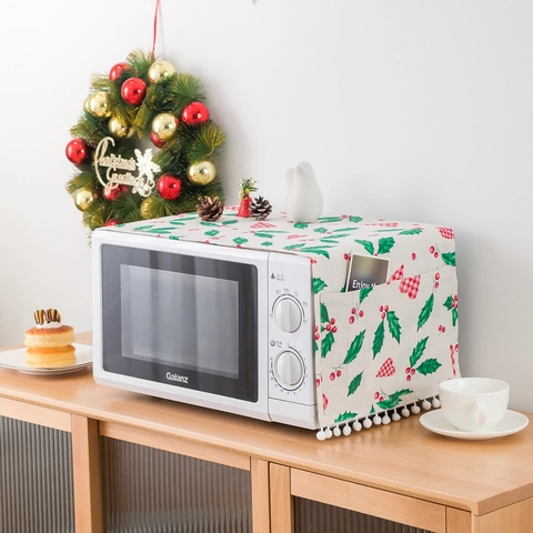 Copertura Antipolvere Per Microonde In Cotone E Lino Con Tasche Laterali Nappe A Pompon Stile Coreano Panno Protettivo Per Cucina