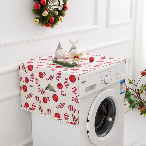 Copertura Antipolvere per Frigorifero Lavatrice di Natale in Poliestere Cotone Protezione Superiore Con Tasche Pompon Decorazione Casa