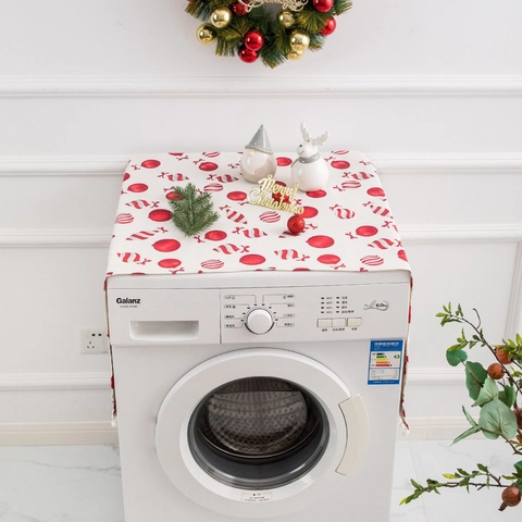 Copertura Antipolvere per Frigorifero Lavatrice di Natale in Poliestere Cotone Protezione Superiore Con Tasche Pompon Decorazione Casa