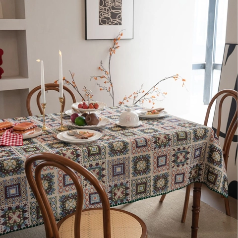 Französische Retro Jacquard Tischdecke Polyester Baumwolle Mischung Patchwork Geometrische Stickerei Tischdecke Dekoration