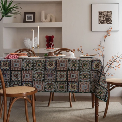 Nappe Jacquard Vintage Français Patchwork Géométrique Broderie Bordure Pompon Tissu Mélangé Couverture Table à Manger Maison