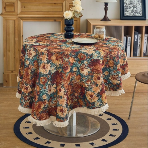 Amerikaanse Stijl Rond Tafelkleed Jacquard Weven Vintage Bloemenpatroon Kwastjes Franjes Wasbare Stofdichte Tafelbeschermer Thuis Keuken