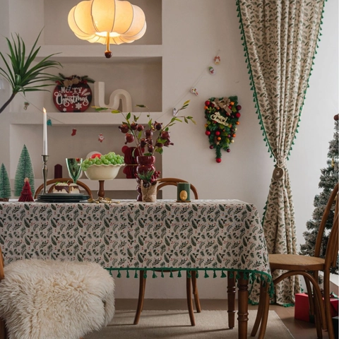 Weihnachten Baumwoll-Leinen Tischdecke Mit Bronzierung Stechpalmenblätter Und Beeren Druck Retro Rechteckig Quaste Tischdecke Für Festliche Party Heimdeko