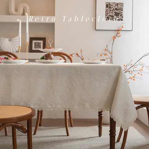 Französische Vintage Jacquard Tischdecke Off-white 3D Paisley Muster Wellenkante Polyester Baumwolle Tischdecke Dekoration