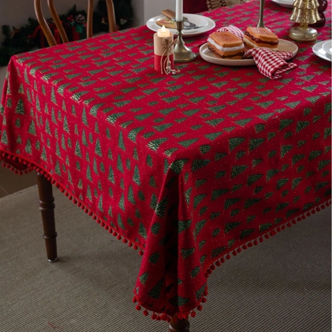 Christmas Gold Stamping Tablecloth Cotton Linen Blend Printed Christmas Tree Table Cloth With Pom-pom Tassel Decor