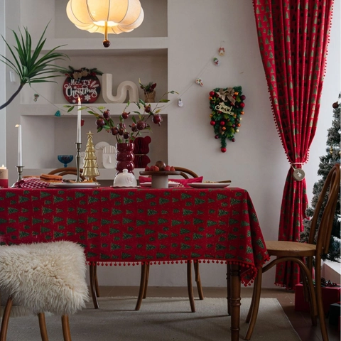 Christmas Gold Stamping Tablecloth Cotton Linen Blend Printed Christmas Tree Table Cloth With Pom-pom Tassel Decor