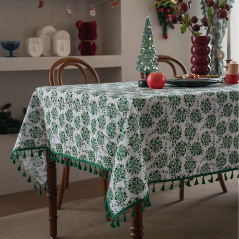 Tovaglia di Natale Rettangolare Misto Cotone Lino Motivo Floreale Bronzato Con Frange a Nappa Decorazione Sala da Pranzo