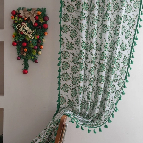 Christmas Holly Leaf Gilded Cotton Linen Cafe Curtain With Green Pom Pom Tassels Semi Shading Window Curtain Home Decor