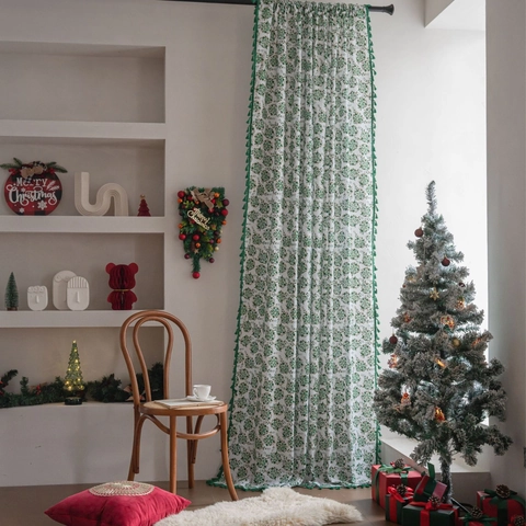 Christmas Holly Leaf Gilded Cotton Linen Cafe Curtain With Green Pom Pom Tassels Semi Shading Window Curtain Home Decor