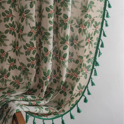 Christmas Gold Stamped Holly Leaf Curtain Cotton Linen Semi Shading Window Decor Green Fringe Tassel Vintage Curtain