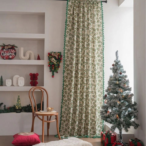 Christmas Gold Stamped Holly Leaf Curtain Cotton Linen Semi Shading Window Decor Green Fringe Tassel Vintage Curtain