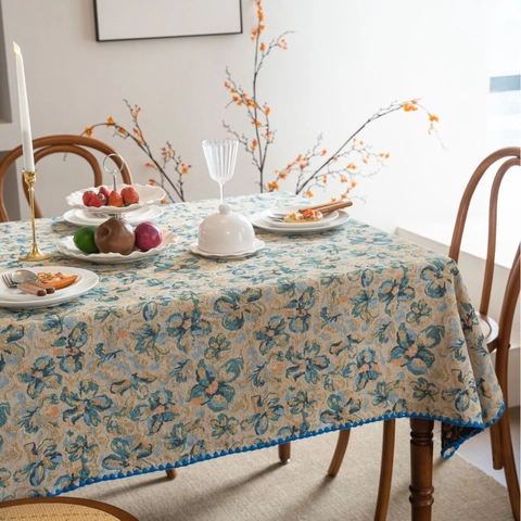 Vintage Botanical Floral Jacquard Tablecloth Rectangular Blend Fabric Embroidered Scalloped Edge Dustproof Table Cover Home Decor