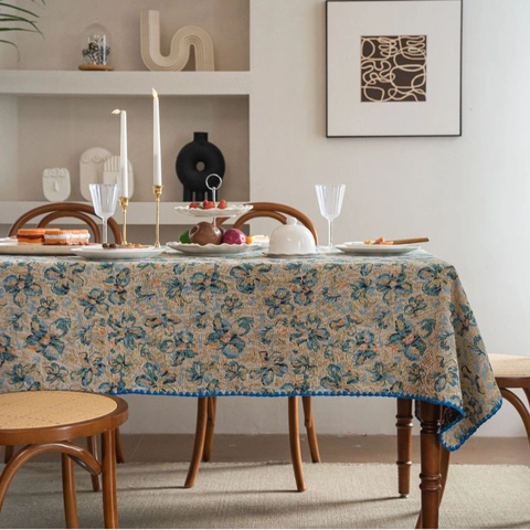 Vintage Botanical Floral Jacquard Tablecloth Rectangular Blend Fabric Embroidered Scalloped Edge Dustproof Table Cover Home Decor