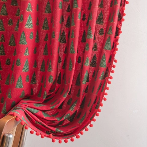 Red Christmas Curtains Bronzing Xmas Tree Printed Cotton Linen Window Drape With Pom-pom Trim For Kitchen Dining Room Home Festive Decoration