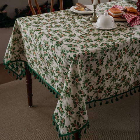 Weihnachten Baumwolle Leinen Tischdecke Bronzieren Stechpalmenblätter Beeren Bedruckt Rechteckige Esstisch Abdeckung Grüne Quasten Kante Für Urlaub Haus Deko