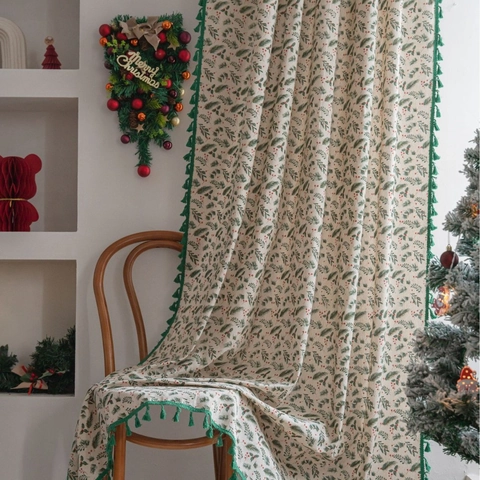 Christmas Cotton Curtain With Tassel Bronzing Berry Pine Needle Printed Half Blackout Window Drapery For Kitchen Balcony Holiday Decor