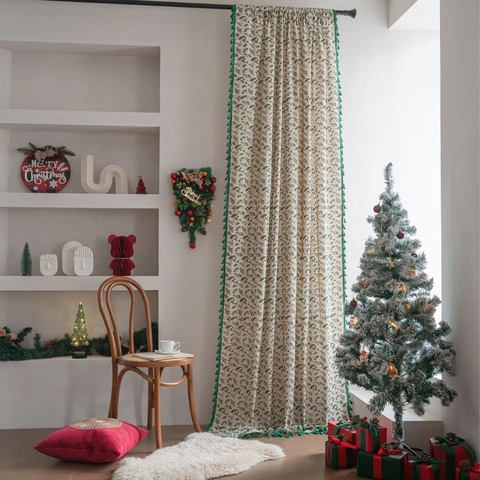 Christmas Cotton Curtain With Tassel Bronzing Berry Pine Needle Printed Half Blackout Window Drapery For Kitchen Balcony Holiday Decor