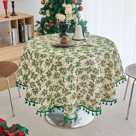 Tovaglia Rotonda di Natale Con Frange di Nappine in Misto Cotone Lino Stampata Con Motivo Agrifoglio Bacche e Pini Decorazione Tavola Natalizia