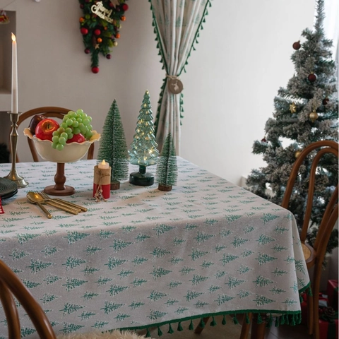 Weihnachts Tischdecke Aus Baumwolle Und Leinen Rechteckig Goldprägung Kiefer Druck Tischdecke Mit Quastenfransen Für Feiertags Party Dekor