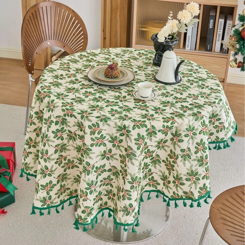 Tovaglia Rotonda di Natale Con Frange di Nappine in Misto Cotone Lino Stampata Con Motivo Agrifoglio Bacche e Pini Decorazione Tavola Natalizia