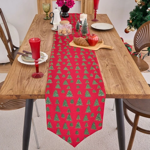 Christmas Table Runner Bronzing Polyester Cotton Faux Linen Tablecloth Dining Table Xmas Tree Berry Holly Pattern Decor