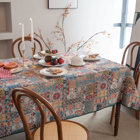 Mantel Jacquard Bohemio Patrón Floral Geométrico Vintage Mezcla Poliéster Algodón Cubierta de Mesa Rectangular Redonda para Comedor