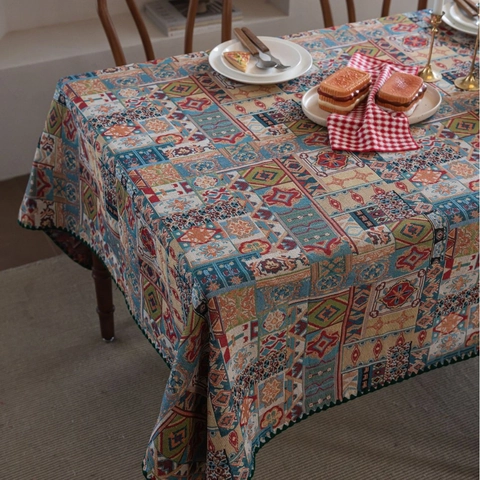 Mantel Jacquard Bohemio Patrón Floral Geométrico Vintage Mezcla Poliéster Algodón Cubierta de Mesa Rectangular Redonda para Comedor