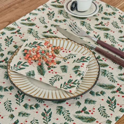 Weihnachten Baumwollmischung Serviette Goldprägung Kiefernnadel Beeren Druck Tischdecke Landhausstil Feiertag Deko