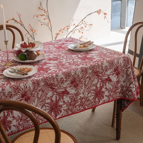 French Vintage Toile De Jouy Jacquard Tablecloth Polyester Cotton Embroidered Floral Leopard Christmas Party Festive Dining Table Cover