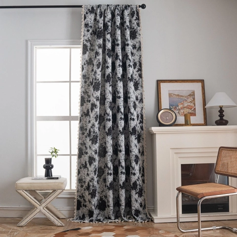 American Vintage Jacquard Geometric Graffiti Tassel Curtains For Kitchen Bay Window Semi Shading Polyester Cotton Black White Finished Drape Home Decor