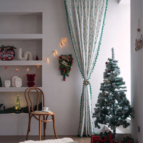 Amerikanisches Vintage Weihnachten Baumwolle Leinen Vorhang Bronzieren Stechpalmenblatt Bedruckt Halb-Verdunkelung Vorhang Mit Grünen Quasten