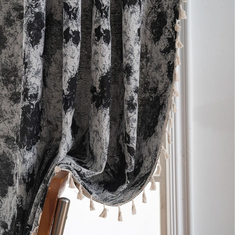 American Retro Jacquard Floral Curtains With Tassel Trim Semi Blackout Polyester Cotton Blend Window Drapes For Home Decor