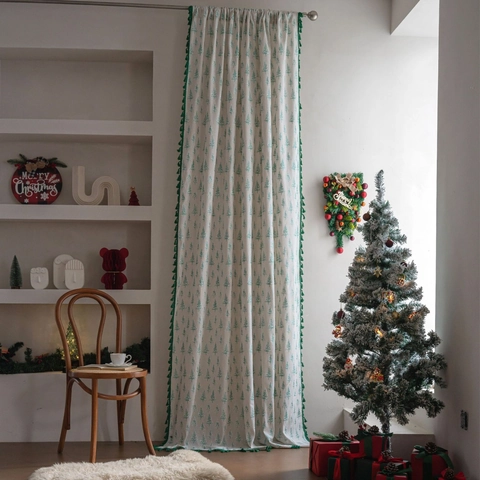 Amerikanisches Vintage Weihnachten Baumwolle Leinen Vorhang Bronzieren Stechpalmenblatt Bedruckt Halb-Verdunkelung Vorhang Mit Grünen Quasten