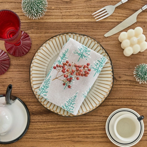 Christmas Tree Printed Cotton Blend Napkins With Bronzing Detail For Holiday Dining Table Decoration Festive Tableware